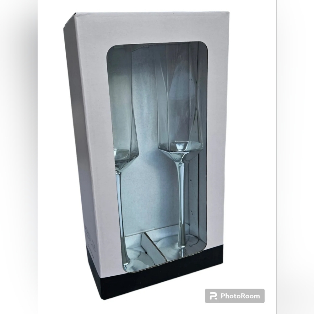 Rachel Zoe Long Stem Champagne Flute Glasses Silver Set of 2 NEW IN BOX